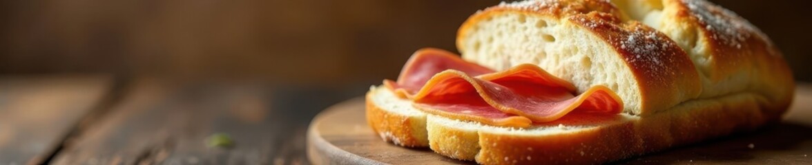 Freshly baked bread with sliced meat and cheese inside, sandwich, delicious, tasty