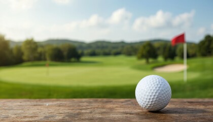Golf ball rests on rustic wooden table surface, ready for play. Rich green golf course fairway with distant flag and sand trap creates a peaceful, sunny outdoor scene.