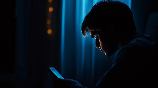 Young man using smartphone in dark room with blue light