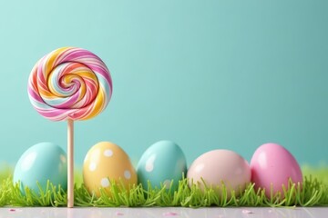Pastel swirl lollipop, colorful Easter eggs, bunny backdrop, candy, colorful candy, lollipop