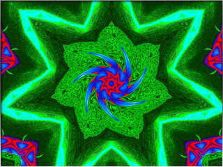 Brightly patterned swirl in red, blue, and green radiates psychedelic symmetry.
