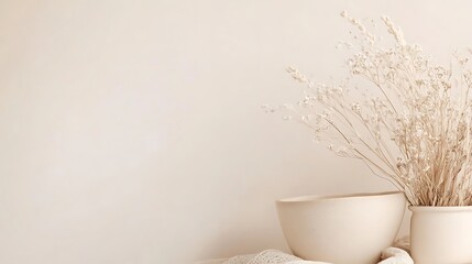 Minimalist beige aesthetic with dried flowers and pottery