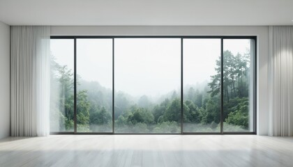 Fototapeta premium Modern interior floor to ceiling windows with foggy green forest view. Minimalist room design features white walls, light wood flooring, creating calm, serene atmosphere with abundant natural light.
