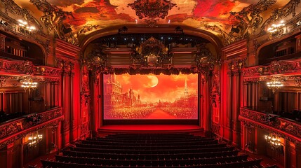 Ornate theater interior with red lighting