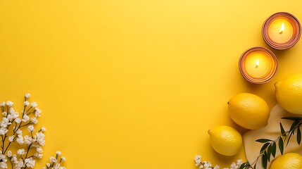 Yellow background, candles, lemons, flowers