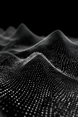 Abstract black and white wavy landscape with dot pattern on a dark background