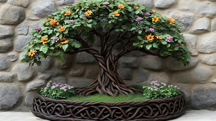 Ornate tree sculpture in a stone planter