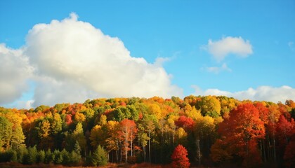 Obraz premium Vibrant autumn forest canopy under bright blue sky with fluffy white clouds. Trees display stunning mix of red, orange, yellow, green foliage. Scene captures beauty of fall colors, changing seasons.