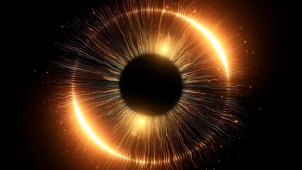 Golden sci-fi inspired circular eye, electric energy streams and pulsating light flares radiating from center resembling digital neural pathways or futuristic AI vision technology in cyber environment - Powered by Adobe