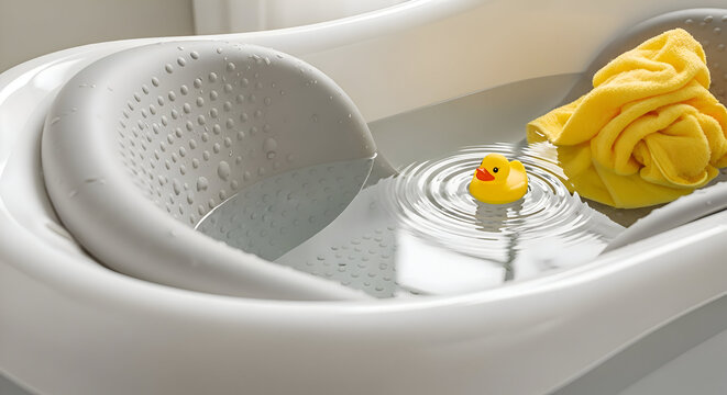 A baby bath tub with a yellow rubber duck floating in the water and a yellow cloth on the side tub