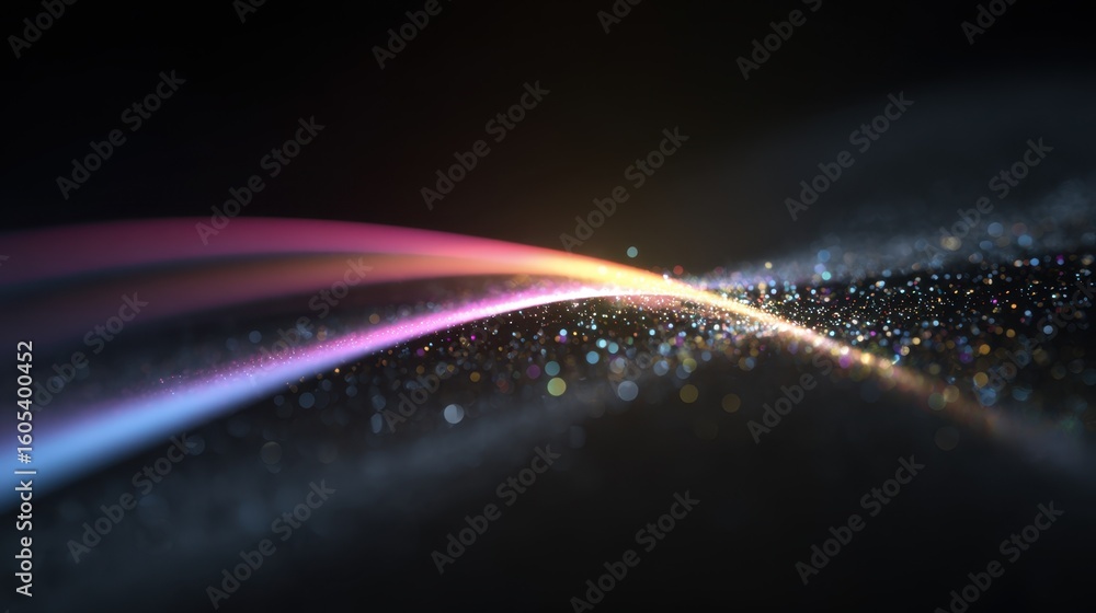 Poster quantum light trails and particles create a dynamic, colorful stream, illustrating the flow of infor