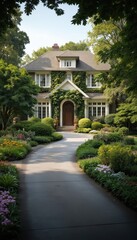 Charming suburban home entrance with paved driveway lined by rich plants, vibrant flowers. House features welcoming facade covered in ivy, with neat landscaping creating peaceful, picturesque