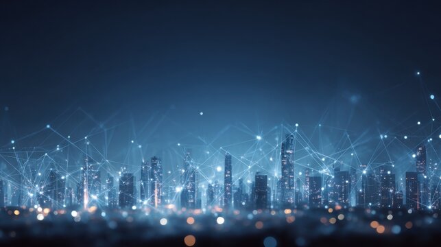 Abstract city skyline silhouette with glowing connection nodes against a blue gradient backdrop