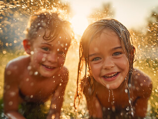 Obraz premium Smiling kids splashing together in warm golden light during a summer day. Captures pure joy, freedom, and outdoor childhood moments. Ideal for lifestyle and family themes.