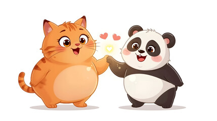 Fototapeta premium Cute Cartoon Cat and Panda Holding Hands with Love