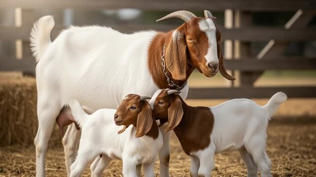 Mother Goat With Two Kids In A Farm Field Under Natural Light