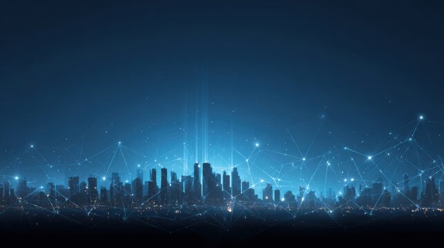 Abstract city skyline silhouette with glowing connection nodes against a blue gradient backdrop