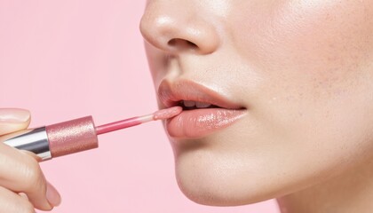 Close-up of lips receiving glistening lip gloss application in studio setting. Skincare concept promotes radiant, aglow skin with smooth, soft, hydrated moisture for a delicate feminine glamour.
