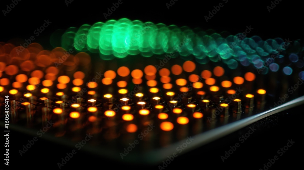Poster close up view of a freshly printed microled array on flexible polymer film, showcasing the tiny ligh