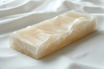 Delicate beige translucent synthetic fabric with organic texture, softly draped on a white background. Represents biomaterial, artificial leather, or medical textile for cosmetic