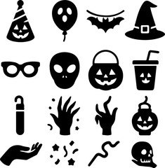 Collection of spooky black halloween icons and symbols including a witch hat ghost alien pumpkin and bat for festive decorations and designs