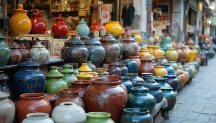 Collection of colorful glazed ceramic pots displayed outdoors at street market. Various earthenware, stoneware vessels feature rustic textures, traditional designs, with blurred background creating