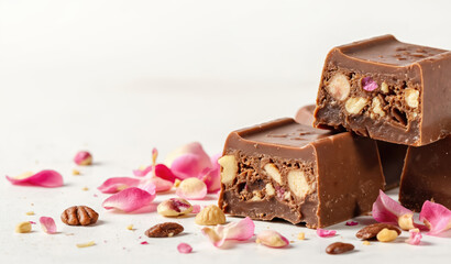 Three chocolate squares with nuts, rose petals. Smooth milk chocolate, creamy texture, rich flavor, decadent taste. Perfect for indulgence, romance, elegant desserts. Sweet, appetizing treat.