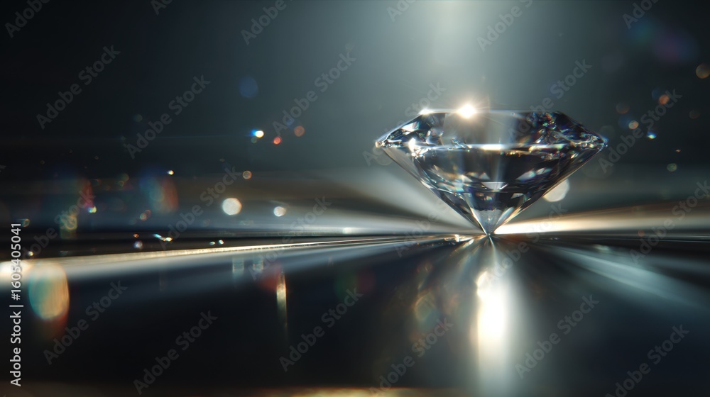 Poster light illuminates a large, brilliant cut diamond resting on a dark reflective surface, creating a da