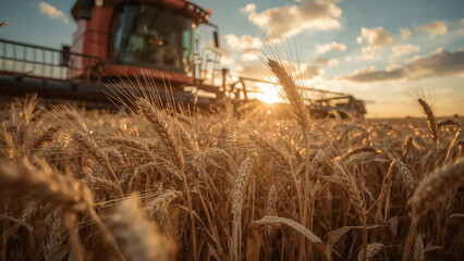 combine harvesting ripe wheat in field, agriculture