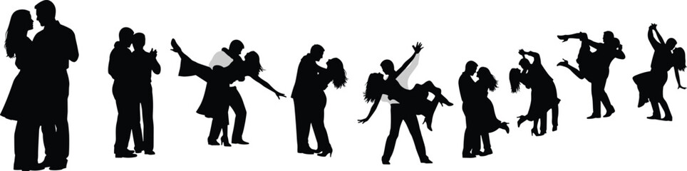 Cad drawing flat vector illustration, dancing couple silhouette sequence, diverse romantic poses, lift and dip motion, expressive movement design