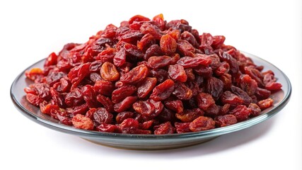 A Plate of Dried Cranberries Displaying Their Vibrant Color and Textured Surface