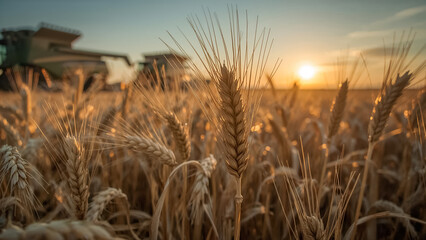 combine harvesting ripe wheat in field, agriculture
