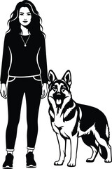 Cad drawing flat vector illustration, person with German Shepherd silhouette, dog companionship, casual outfit, pet bond, animal loyalty scene
