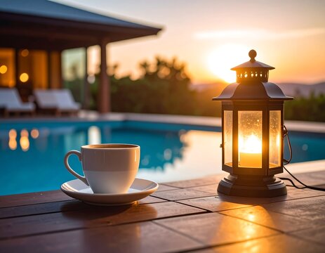 Sunset poolside coffee