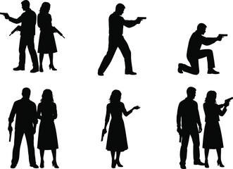 Cad drawing flat vector illustration, action silhouettes with firearms, standing and kneeling poses, male and female figures, dramatic gun scenes