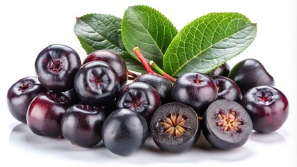 Close up of Aronia berries with leaves and white background reflecting light