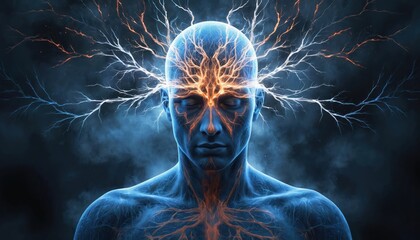 Conceptual image of human nervous system glowing with electric pathways. Blue, orange light emanates from brain, body, suggesting stress, trauma, mental transformation. Focus on neurology, science,
