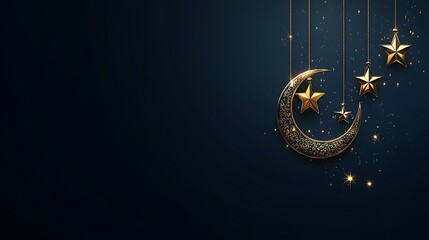 Elegant gold crescent moon and stars against a dark background