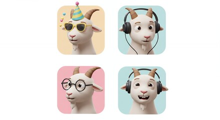 Four goat illustrations with accessories