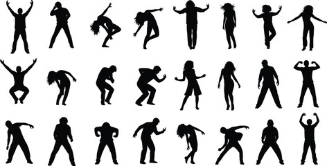 Cad drawing flat vector illustration, human motion silhouette sequence, dynamic standing poses, expressive gestures, dancing, jumping, stretching, action art