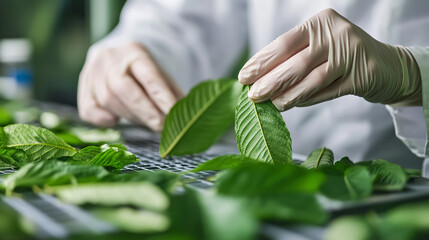 A modern laboratory features a research scientist analyzing alkaloids in kratom leaves.