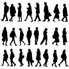 silhouette drawing of people walking, standing, leaning forward. Japanese persons. Fashionable, modern clothes, wearing shoes and heels. Adults and children, mostly kids
