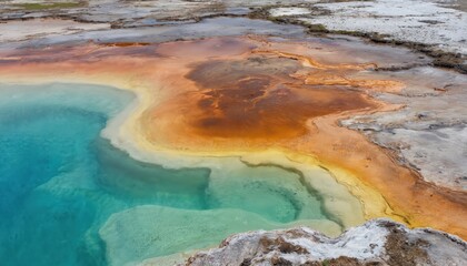 Aerial view of geothermal landscape vibrant colors, layered textures. Mineral-rich terrain with orange, blue, grey hues forms abstract natural patterns. Witness thermal activity, hot springs, sulfur
