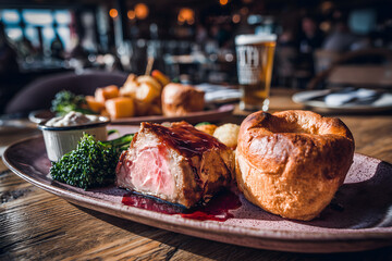 Delicious Traditional English Sunday Roast Dinner with Gravy