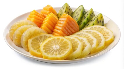 Delicious platter of colorful assorted fresh fruits sliced and artistically arranged