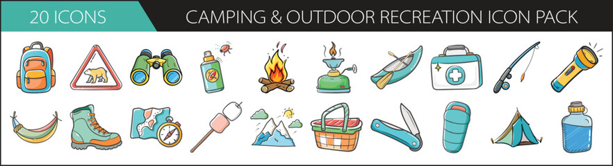 Camping and Outdoor Recreation Doodle Icon Set - Hand-drawn icon pack featuring camping gear, nature tools, and outdoor essentials—perfect for hiking, survival guides, and travel content.
