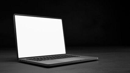 3D render mockup of modern laptop computer with blank white screen on dark black background