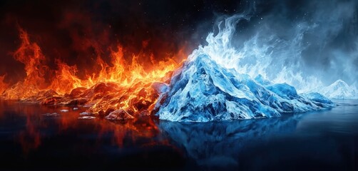 Fiery inferno meets frozen ice landscape with dramatic contrast. Red flames engulf rocky terrain on one side, melting into blue icy mountains on other. Dark sky, water reflections, abstract energy.