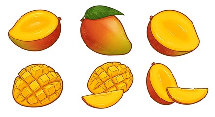 Mango slices and whole mangoes illustration
