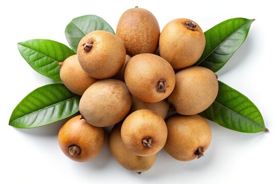 Pile of Sapodilla Fruits with Green Leaves on a White Background